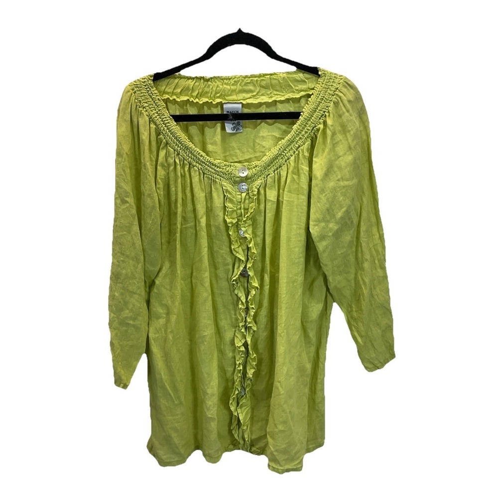 Match‎ Point Smocked Neck T 100% Linen Tunic L oversized artsy USA apple green